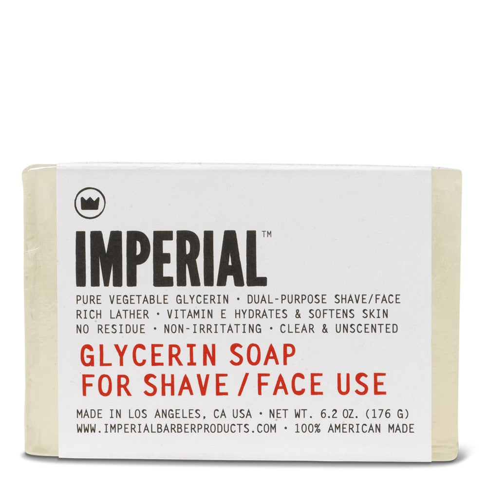 Imperial Glycerin Soap for Shave and Face Use, 6.2 oz bar in its paper wrap, labelled pure vegetable glycerin, clear and unscented, made in Los Angeles.