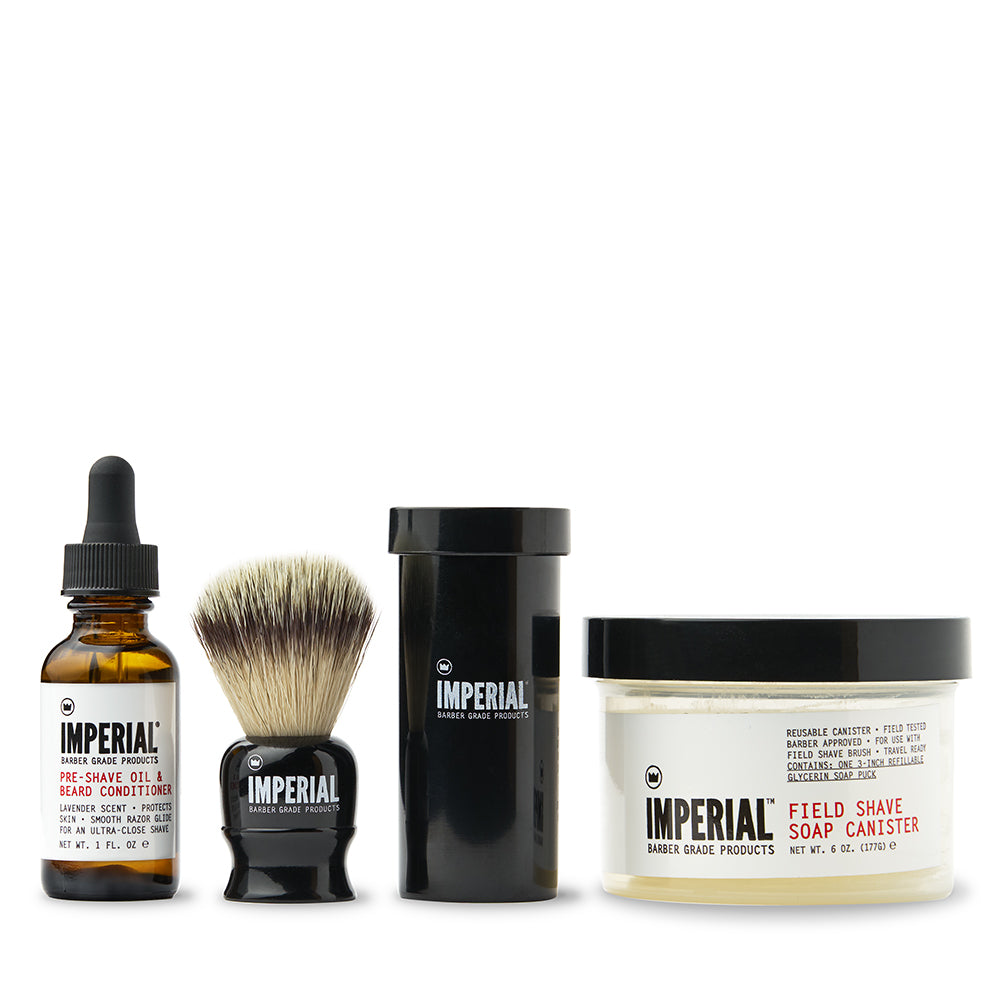 Imperial Smooth Shave Set showing Pre-Shave Oil and Beard Conditioner 1 oz, a shave brush with travel tube, and Field Shave Soap Canister 6 oz, arranged on a white background.