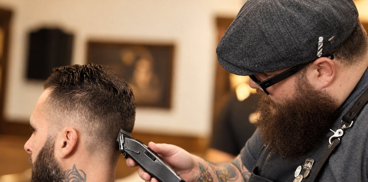 Imperial barber using clippers on a client in the barbershop