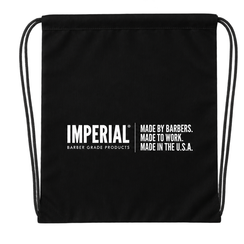 Black Imperial Barber drawstring bag printed with the Imperial Barber Grade Products logo and the words "Made by Barbers. Made to Work. Made in the U.S.A." in white.