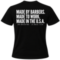 Back of a black Imperial Barber t-shirt printed with "Made by Barbers. Made to Work. Made in the U.S.A." and "100% American Made, Los Angeles, CA USA" in white.