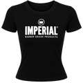 Front of the black Crown Women's Graphic Baby Tee with the Imperial Barber Grade Products logo printed in white on the chest.