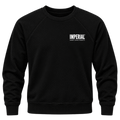 Front view of the black Imperial Barber Grade Products crewneck sweatshirt, showing a small white Imperial logo on the left chest.