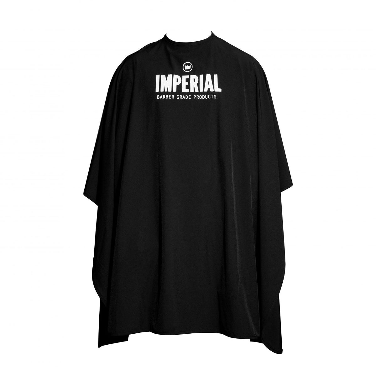 Front view of the Imperial Barber Grade Products Standard Edition black barber cape laid flat, showing the full cut and white logo print.