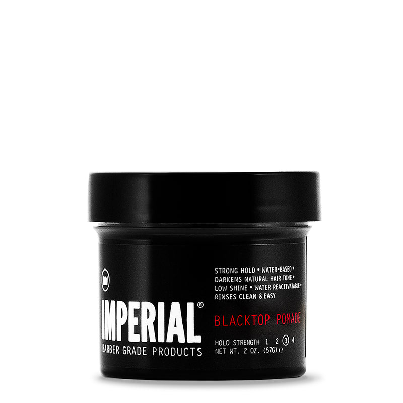 Front view of the Imperial Blacktop Pomade 2 oz travel-size black tub on a white background.
