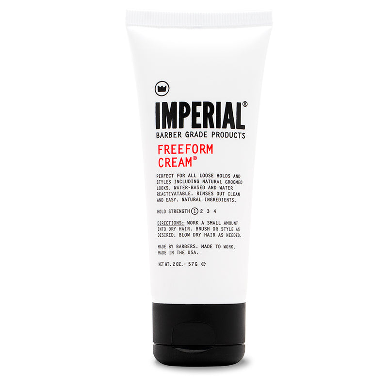 Front of the Imperial Barber Grade Products Freeform Cream tube, 2 oz travel size, showing hold strength 1 of 4.