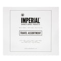Front of the closed Imperial Barber Grade Products Travel Assortment box, listing Pocket Comb, Classic Pomade, Fiber Pomade, Freeform Cream, Gel Pomade, Matte Pomade Paste, and Blacktop Pomade.