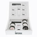 Imperial Barber Grade Products Travel Assortment box open from above, showing six mini pomade tubs, a tube of Freeform Cream, and a pocket comb nestled inside.